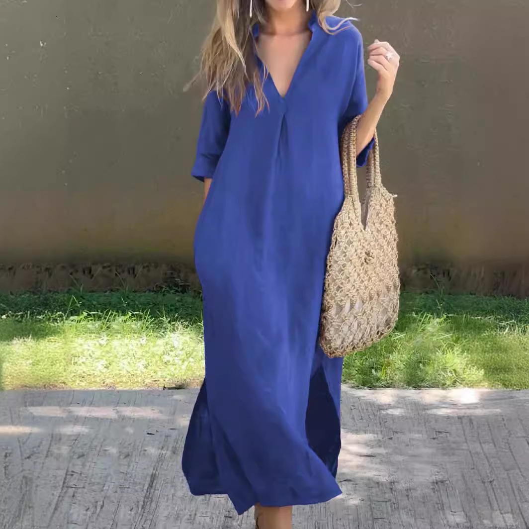 Designer Plus Size Dressplus Size Women's Fashion 2025 Summer New V-neck Three-quarter Sleeve Cotton Linen Side Slit Dress Solid Color Casual Lon