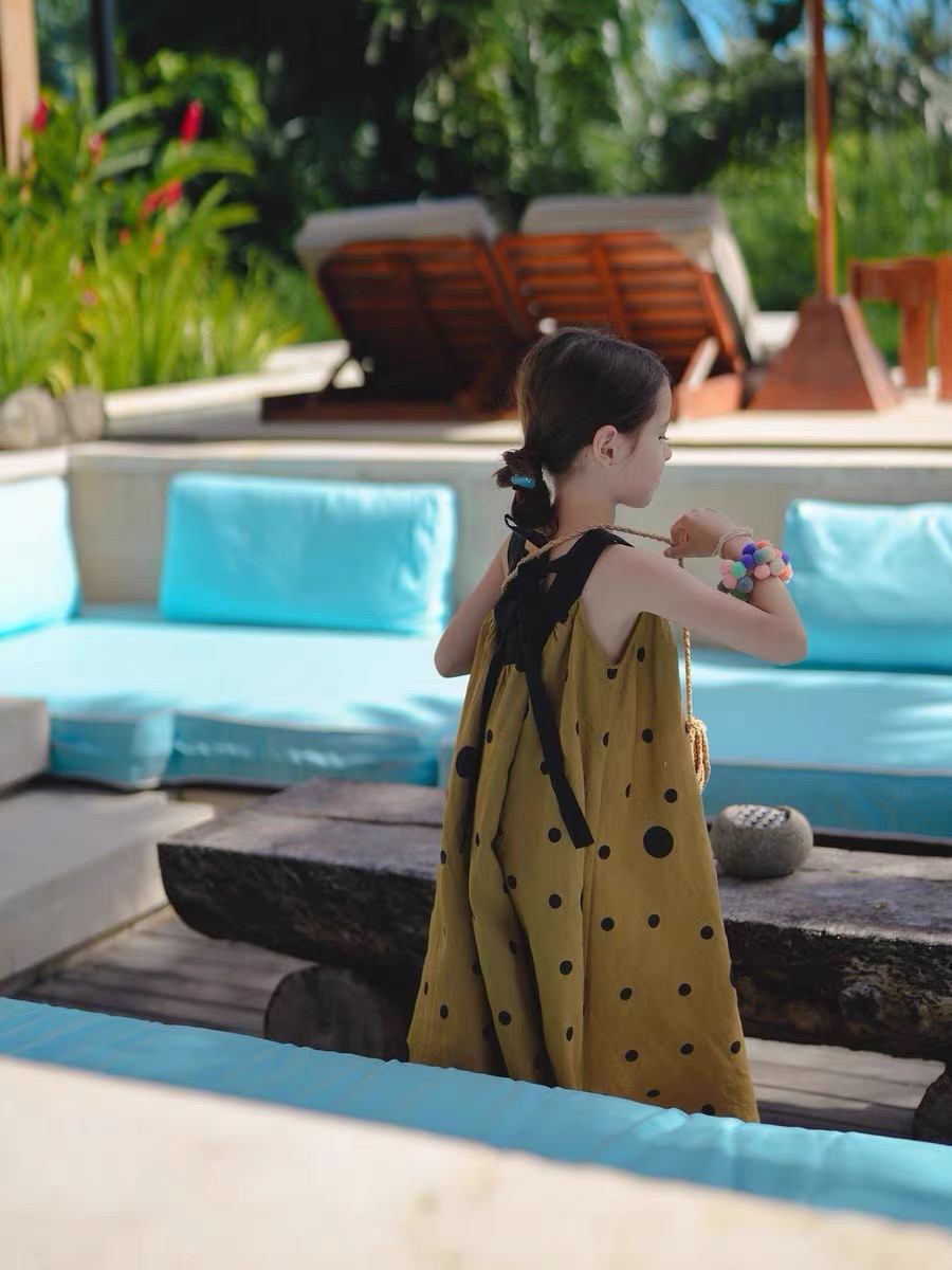 Girl's linen printed vest dress casual dress Girls' autumn long sleeved dress