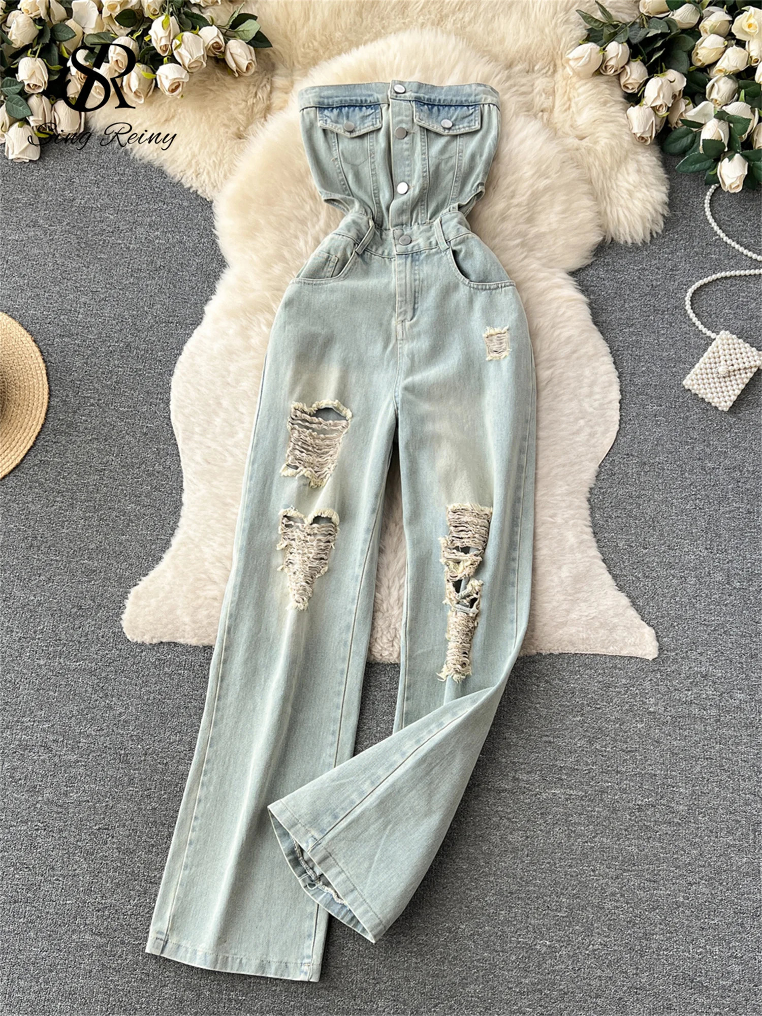 SINGREINY American Retro Streetwear Denim Jumpsuits Zipper Pocket High Waist Wide Legs Ripped Pants Summer Women Slim Rompers 250619