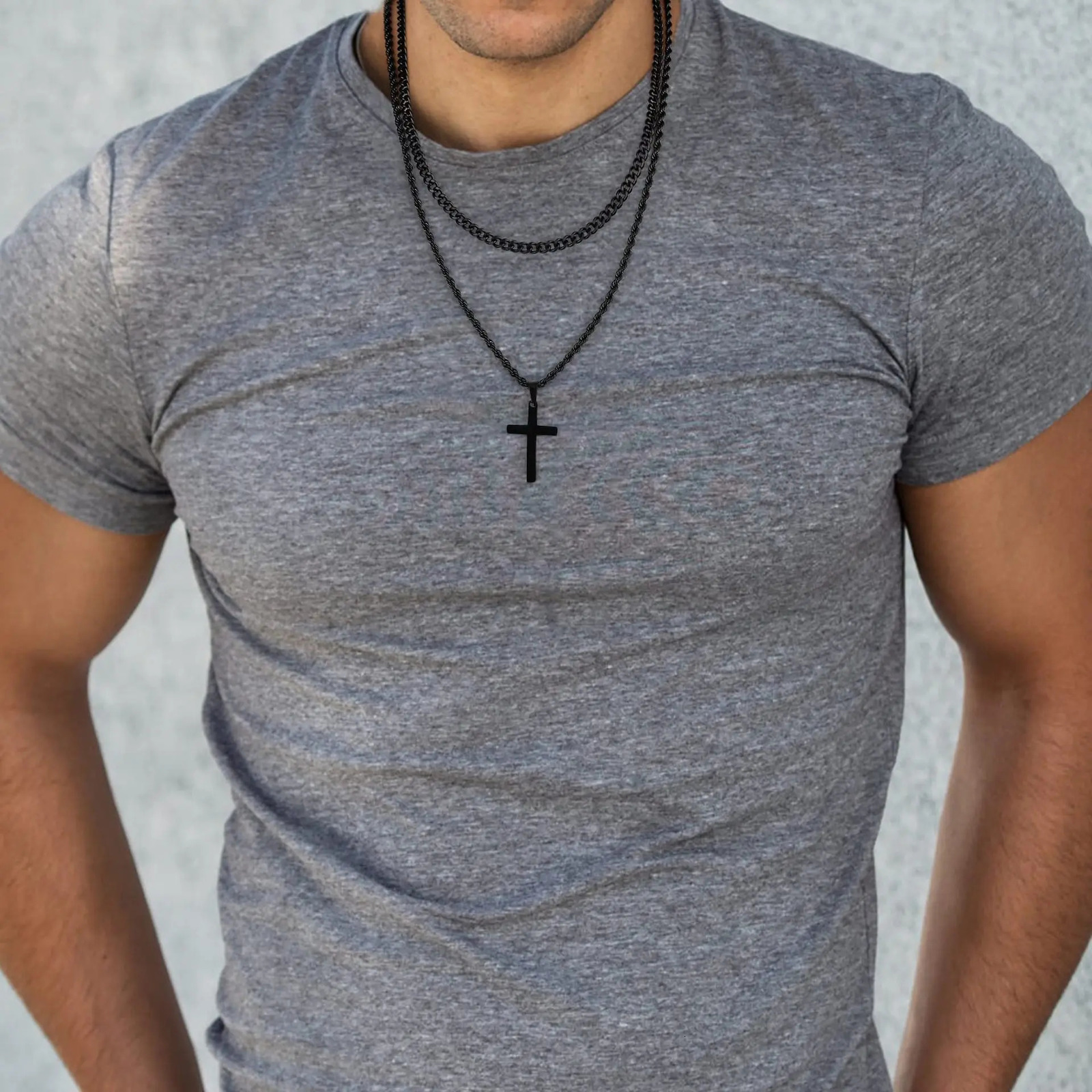 HNSP Stainless Steel Double Chain Cross Necklace Pendant For Men Gift Jewelry Accessory Gold Black Silver Color 250617