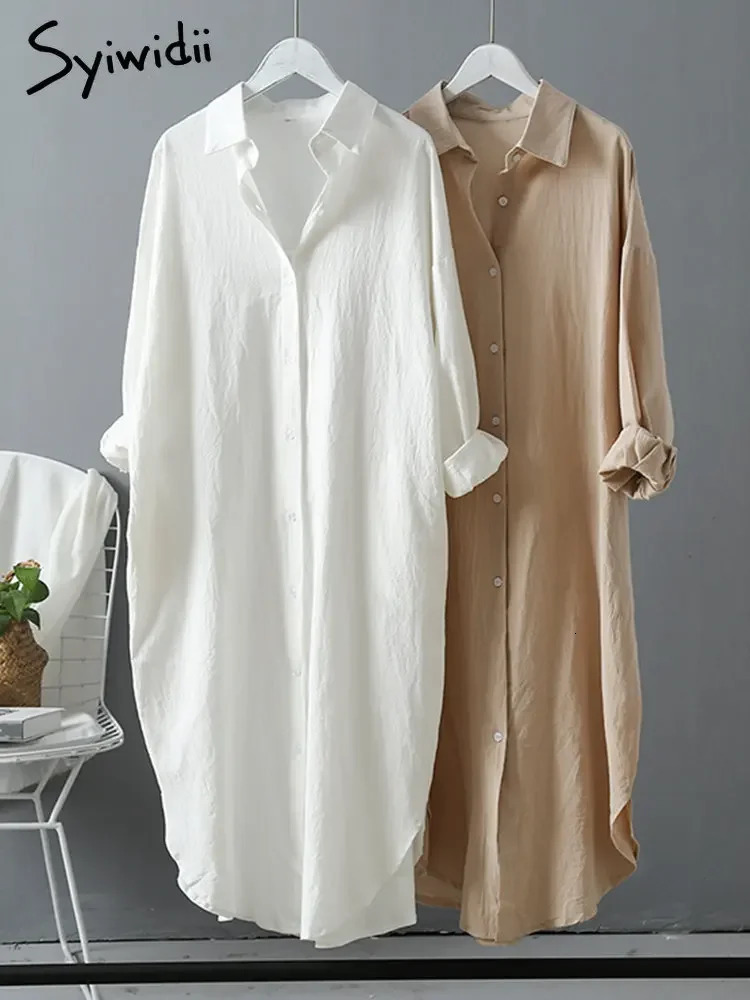 Syiwidii Long White Shirt Dress for Women Cotton Spring Fall Casual Korean Clothing Vintage Oversized Midi Robe Loose Cardigans 250619