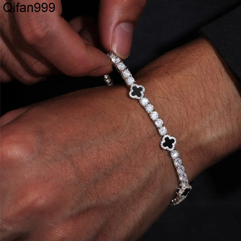 Dropshipping Valentines Day Gift Fashion 4mm Cubic Zirconia Diamond Black Four Leaf Clover Tennis Bracelet