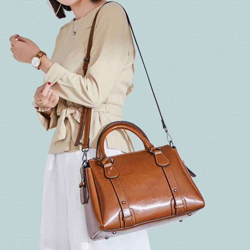 DHGM DHGM Genuine Leather Women Shoulder Cross body Handbag Top Handle Casual Designer Female Oil Wax Cowhide Messenger Tote Bag