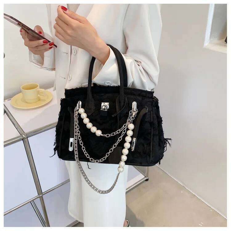 DHGM DHGM 2025 Vintage Pearl Chain Bag - Distressed Boho Shoulder Purse, Unique Crossbody Clutch