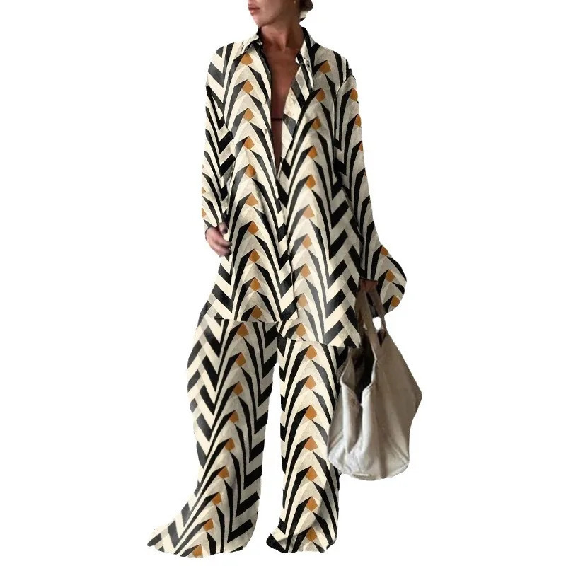 Spring And Summer Womens Suit Fashion Printed Casual Long-sleeved Shirt Loose Pants And Floor-length Pants Two-piece Set 250619