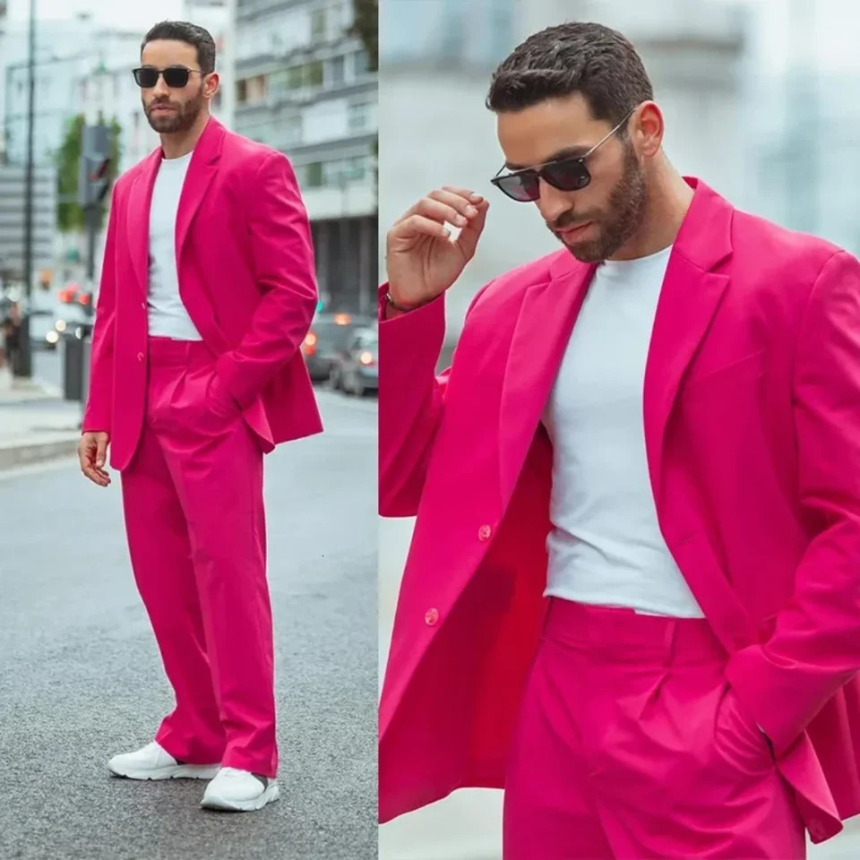 2 Pieces Street Wear Fuchsia Men Suits Groom Party Wedding Peaked Lapel Terno Masculino Tuxedos Costume Homme Male Blazer Sets 250619
