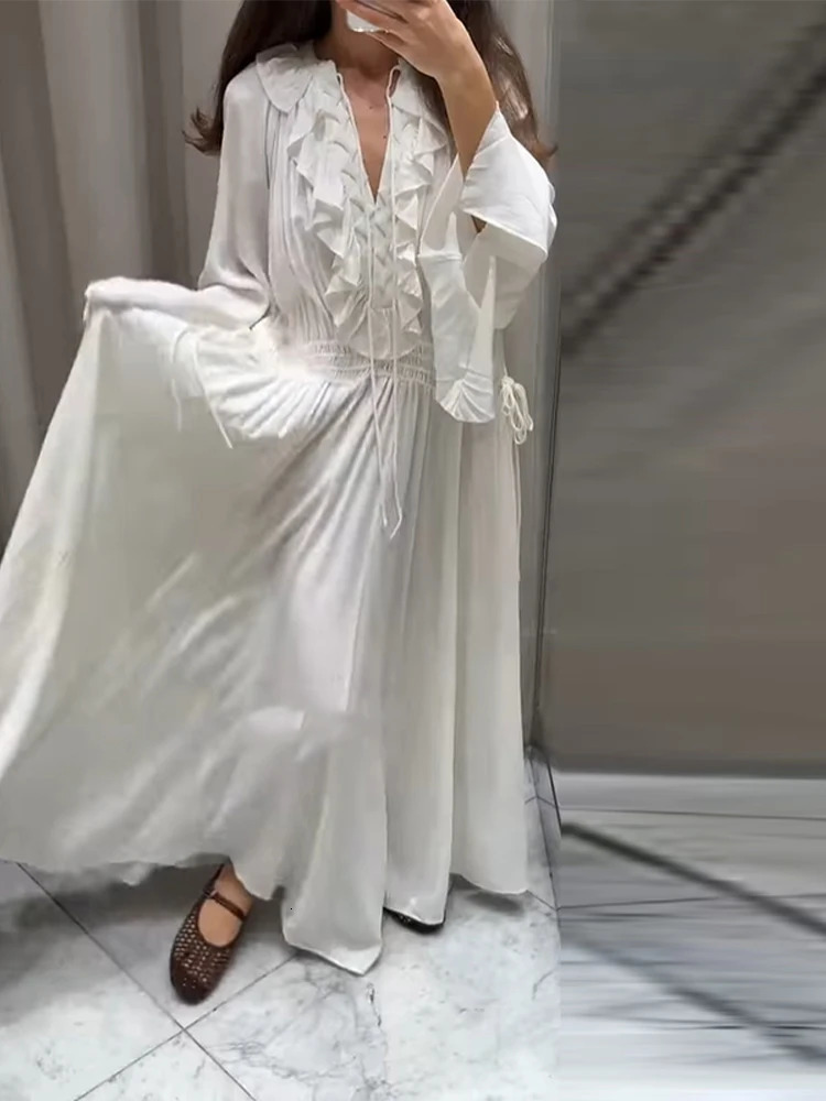 Lace Ruffled Women Dress V-Neck Side Straps Flared Sleeves Large Swing Elastic Waist Cinched Pleated Lace Up Loose Long Dresses 250619