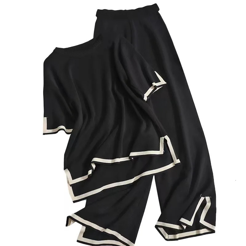 Women Two Piece Set Knit Sweater Suit Short Sleeve Round Neck Tops Loose Wide Leg Pants Solid Splice Midi Waist Casual 250619