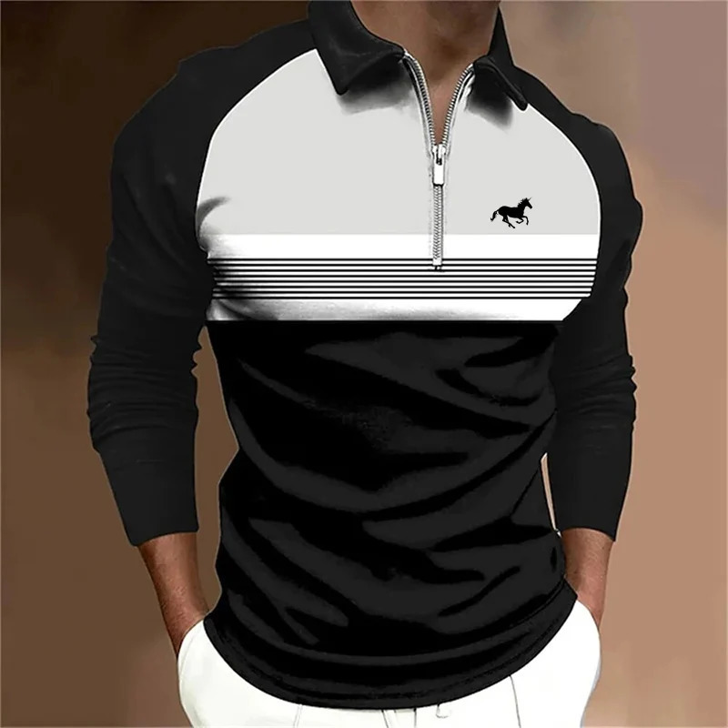 Spring Autumn Men Clothes Long Sleeve Zipper Stripe Polo Shirt Sport Quick Drying Polyester Turndown Collar 250610A