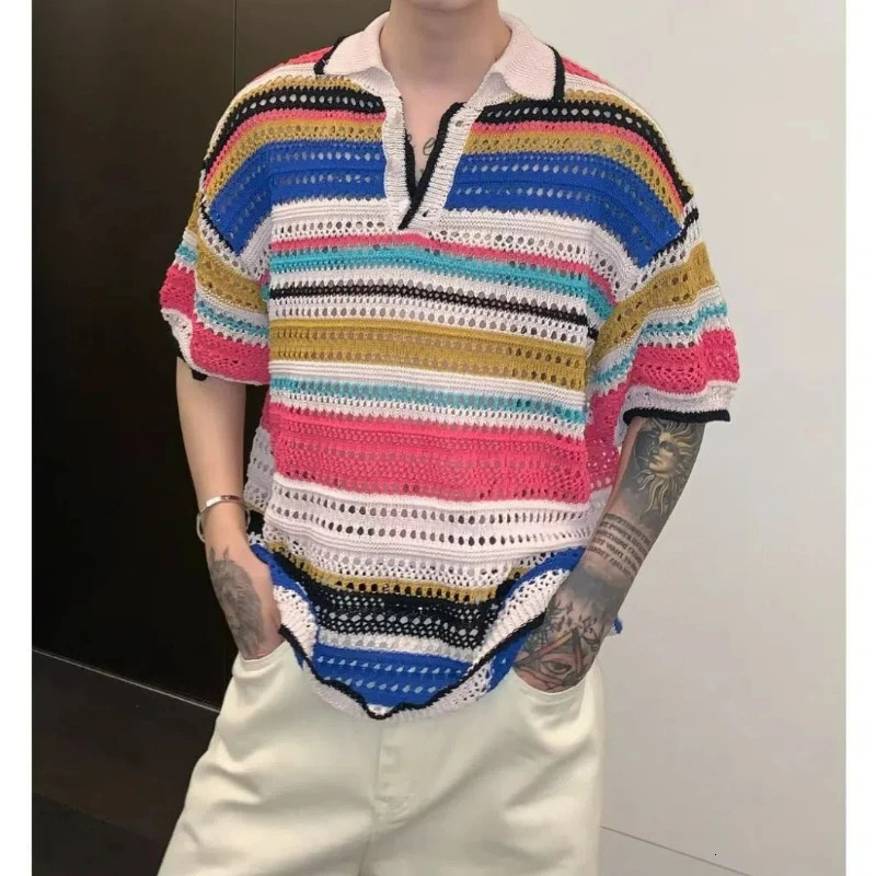 Men Summer Fashion Vintage Rainbow Striped Hollow Polo Collar Knitted T Shirt Casual Streetwear Short Sleeve Loose Pullover Tops 250617
