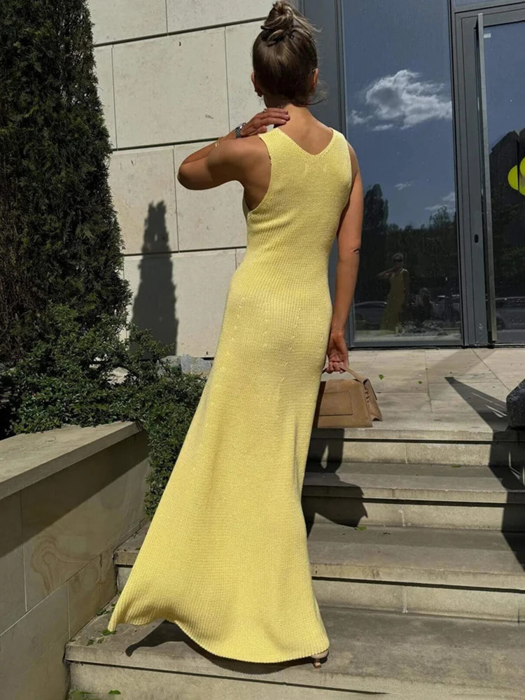 Talenza Summer Knit Long Dress Solid Sleeveless Casual High Waist Halter Long Dress Knit Backless Office Lady Womens Dress 2025 250619