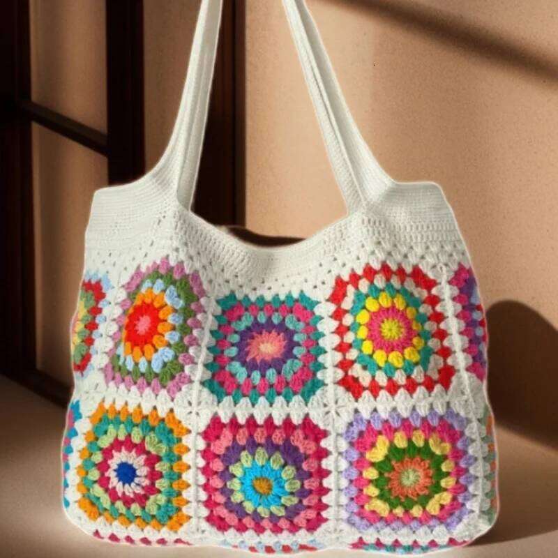 Handwoven Grandmother Grid Patterned Handbag Women's Shoulder With Lining Leisure Shopping Beach Bag Storage Bags