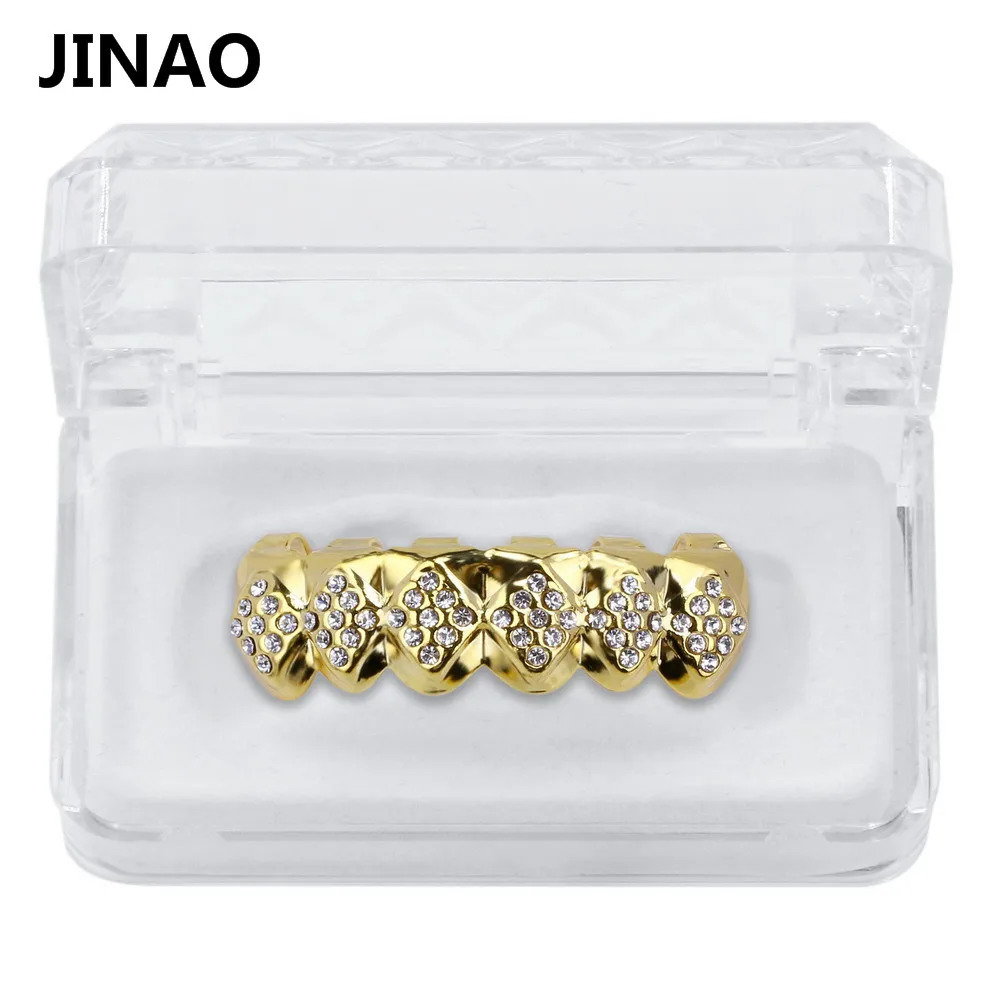 JINAO Fit Gold Color Plated Iced Out Crystal Top Bottom Teeth With Silicone Halloween Christmas Gift 250613