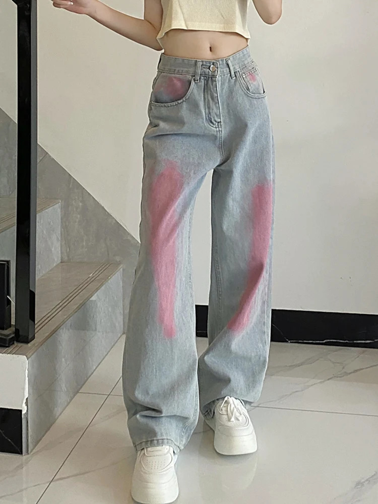 Female Straight Leg Baggy Korean Version Graffiti Jeans Girls Loose Y2K Punk Streetwear Denim Pants Oversized Wide Leg Trousers 250619