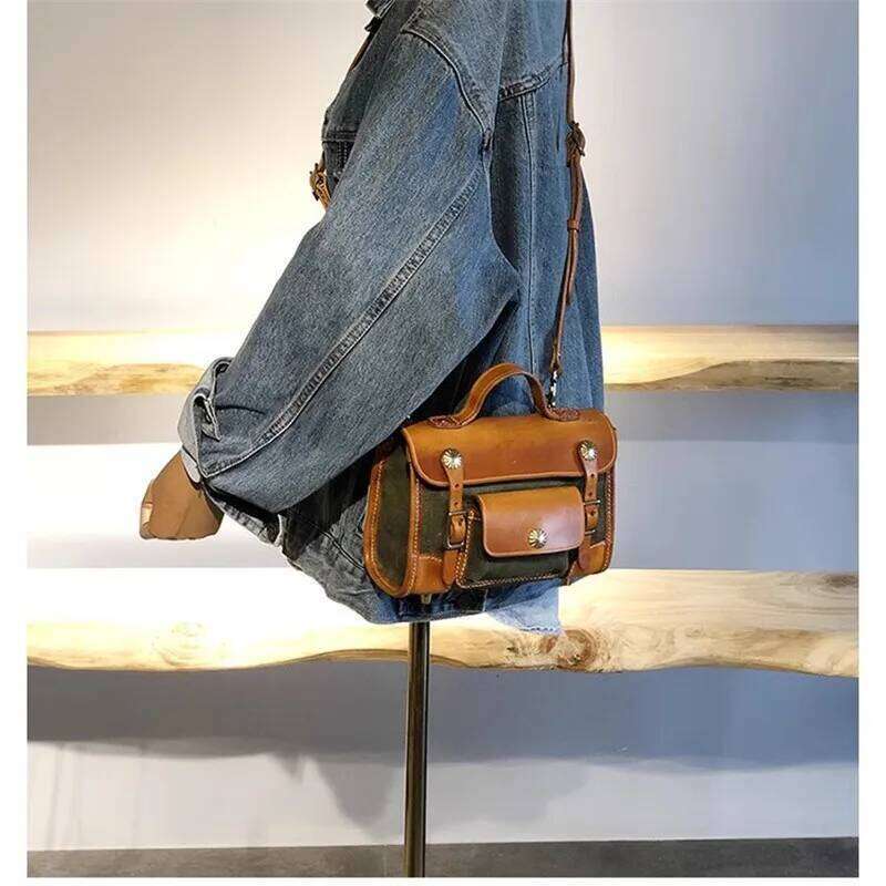 Outdoor Daily Work First Layer Cowhide Padded Canvas Women's Messenger Designer Handmade High Quality Men's Shoulder Bag