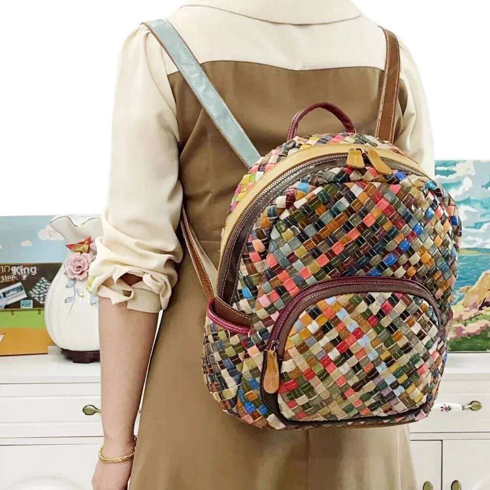 2024 Fashionable Genuine Backpack Color Block Cow Leather Handwoven Double Shoulder Women's Bag Free Shippin