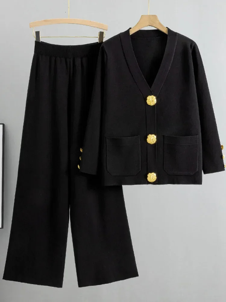 Casual Womens Knitted Pants Set V-neck Long Sleeved Single Breasted Knitted Sweater CardiganFlare Pants Two Piece Set 250619