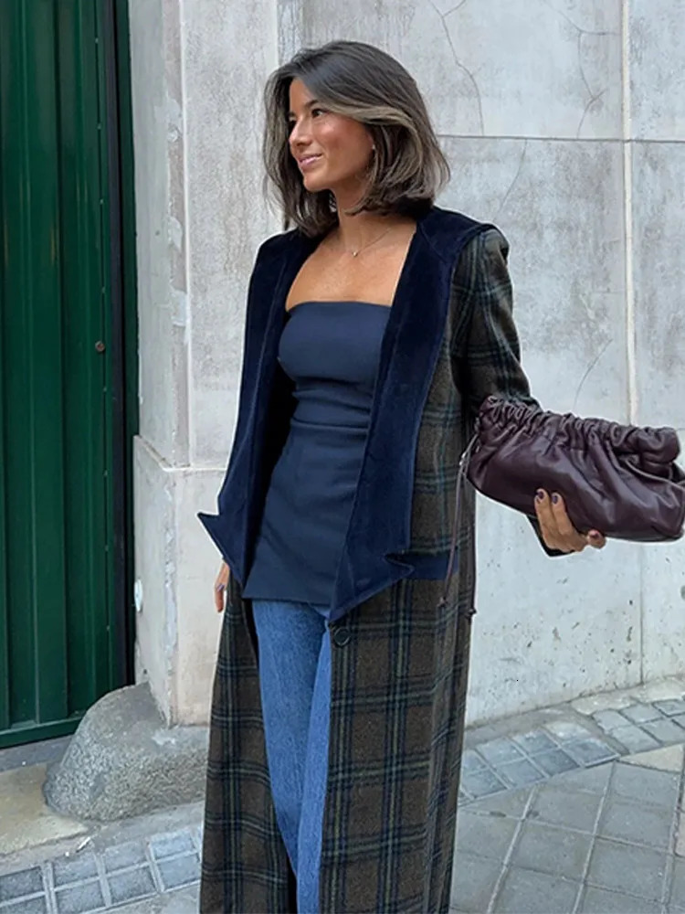 Velvet Collar Plaid Woolen Coat Wool Patchwork Trench Overcoat Retro Straight Tube Contrast Color Cardigan Outwear Spring Autumn 250619