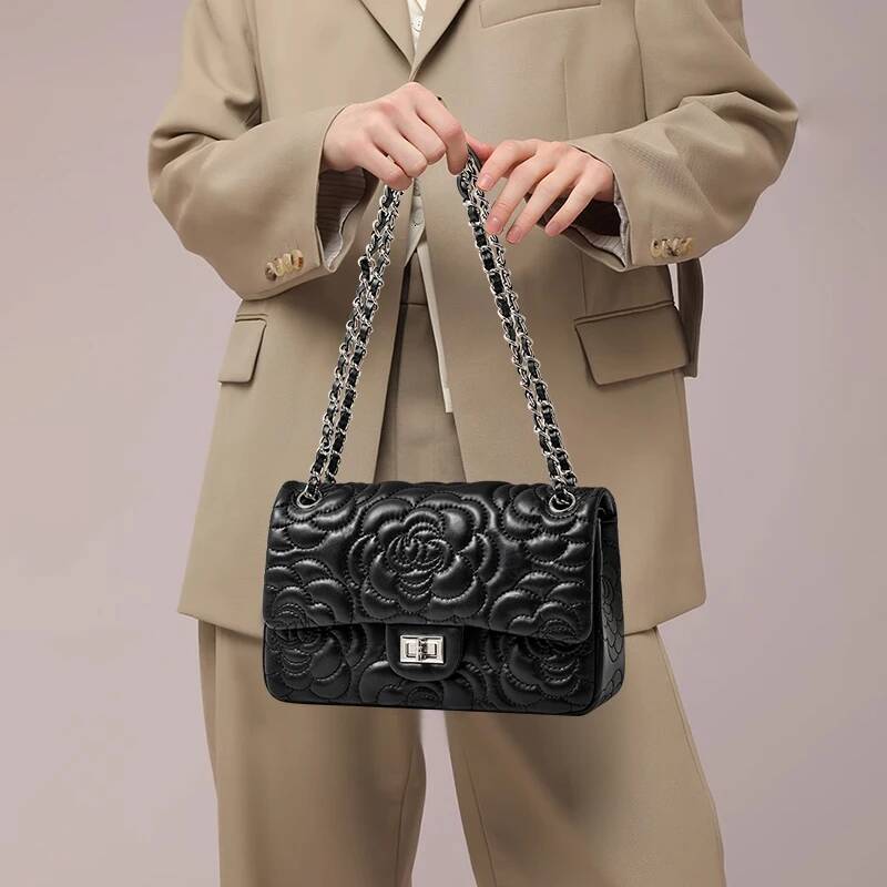 DHGM 2025 new women's senior sense ladies leather camellia pattern chain shoulder messenger bag