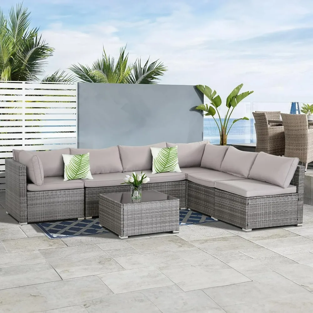 7 Pieces Patio Furniture Set, Patio Modular Patio Set Wicker Outdoor Sectional Sofa Set PE Rattan Wicker Patio Conversation Set, Gray Wicker/Gray Cush
