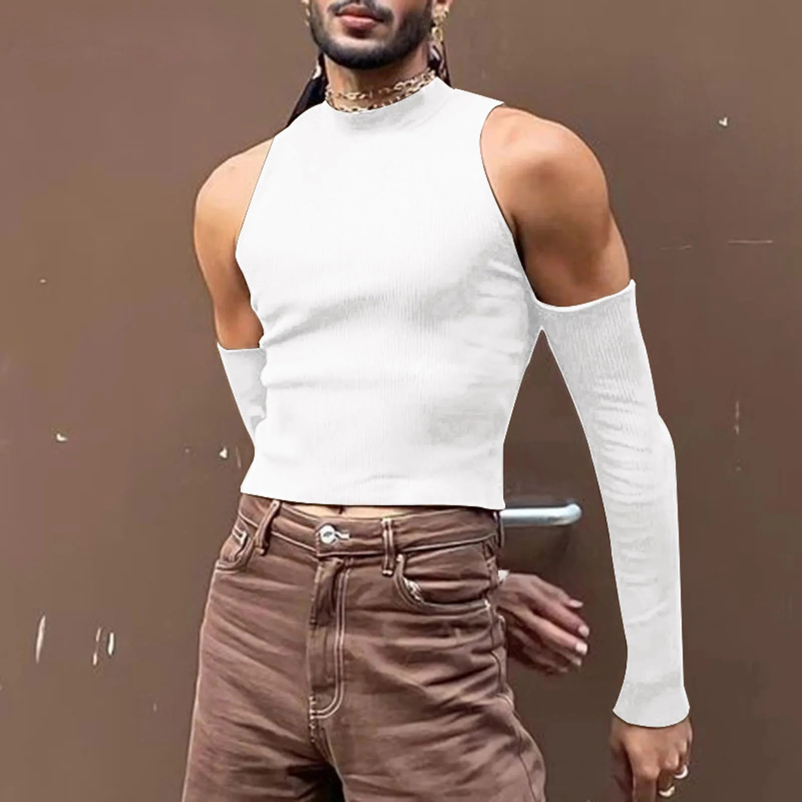 2023 Men Hollow Out Long Sleeve T Shirt Casual Turtleneck Sweatshirt Streetwear Sexy Crop Off Shoulder Tops Summer 250616