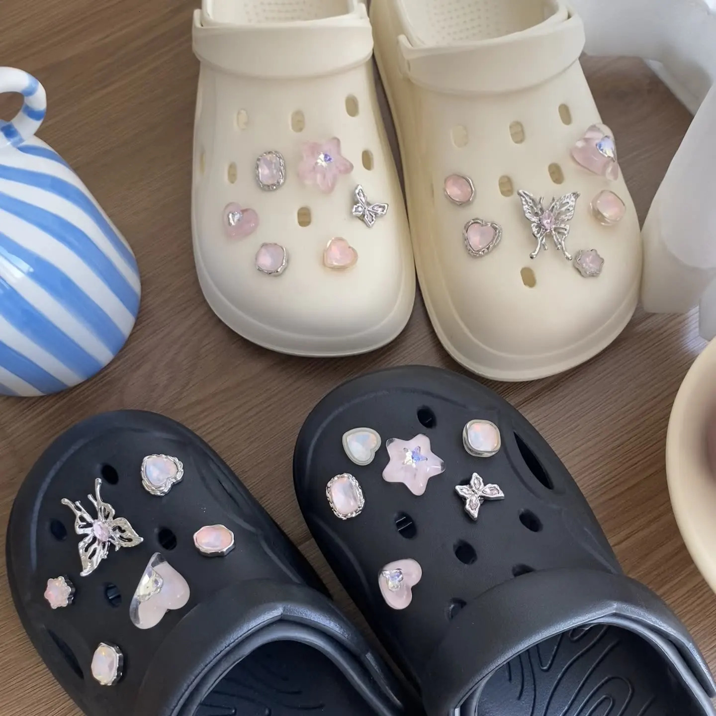 Summer pink ice through love shoes flower butterfly fantasy buckle hole shoes universal decorative Clogs accessories 250617