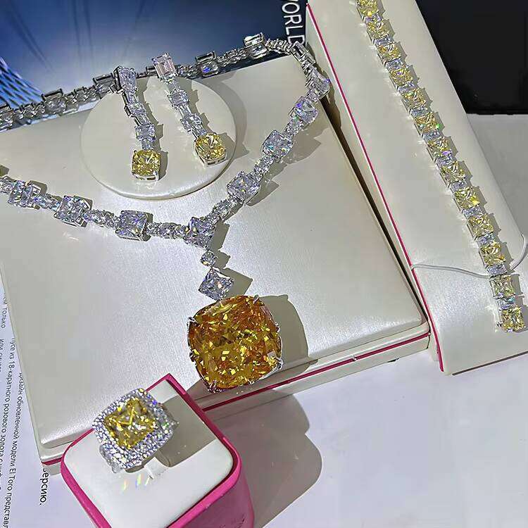 Simulated Dia Super Big Gemstone Sterling Sier Party Yellow Square Zircon Pendant Necklace