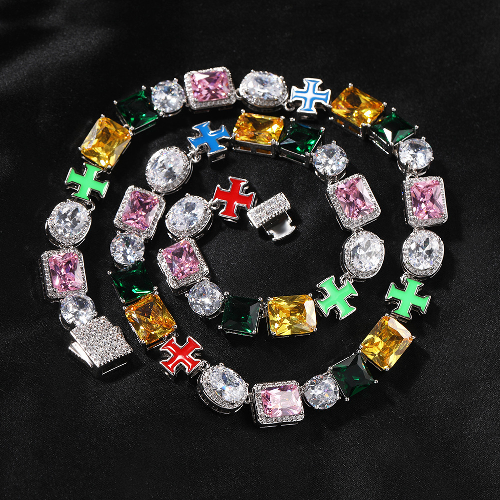 Hip Hop 10mm Templar Multicolored Diamonds Enamel Cross Trendy Bracelet Necklace Set Mixed Gemstone Cluster Pearl Exquisite