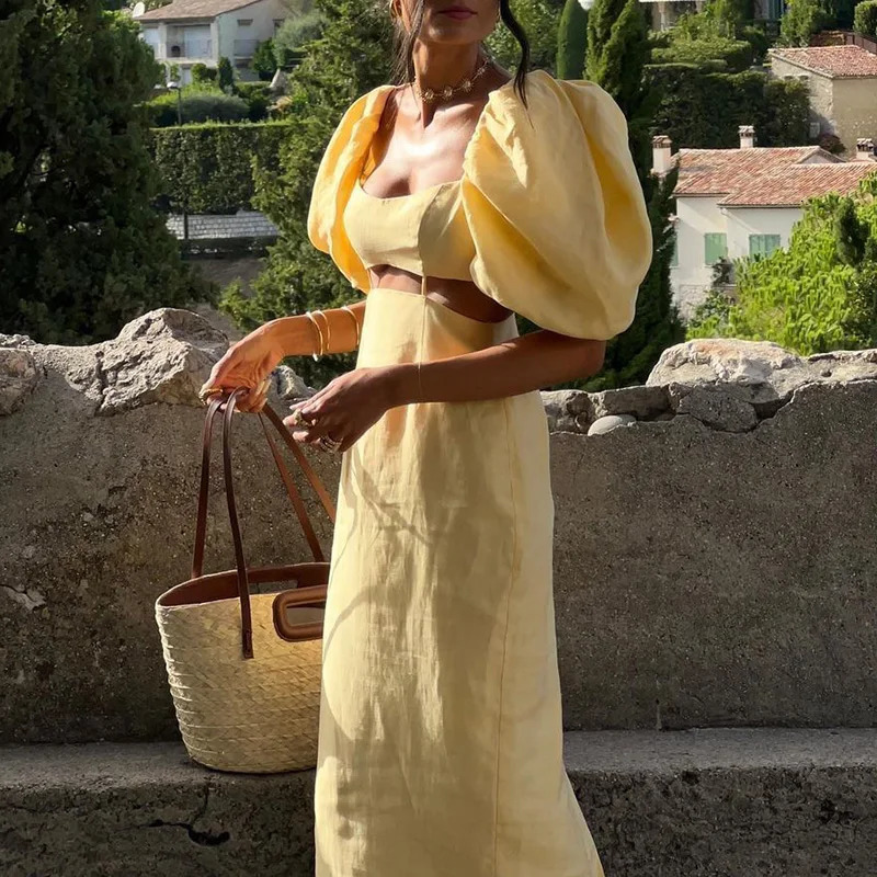 Womens Puff Sleeve Party Dress Ladies 2025 Hollow Waist High Street Summer Dress Elegant Solid Square Collar Holiday Long Dress 250619