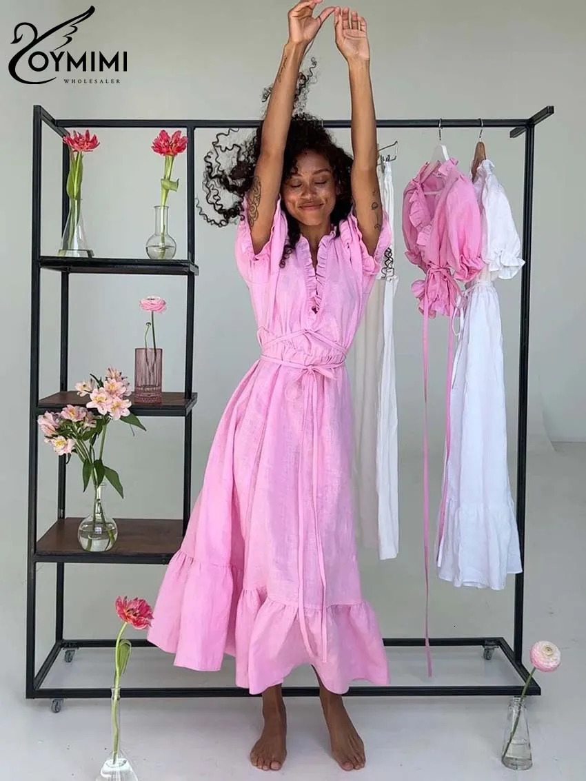 Oymimi Elegant White Cotton Womens Dresses Fashion Short Sleeve V-Neck Lace-Up Dresses Summer Loose Ankle-Length Dress Female 250619