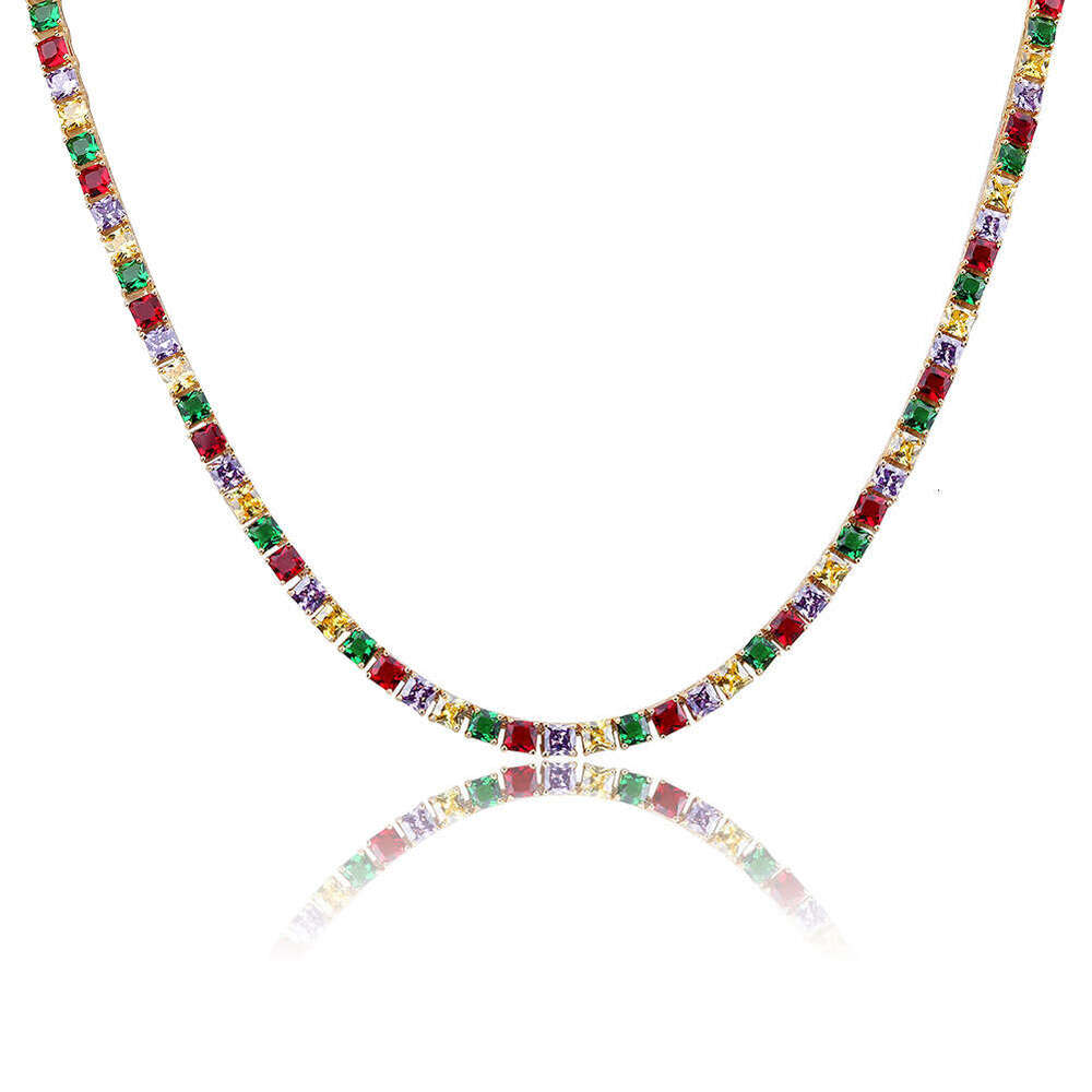 INS4MM Single Row Square Tennis Chain Copper Inlaid Zircon Colorful Dia Hip-Hop Necklace Unisex Trendy Jewelry
