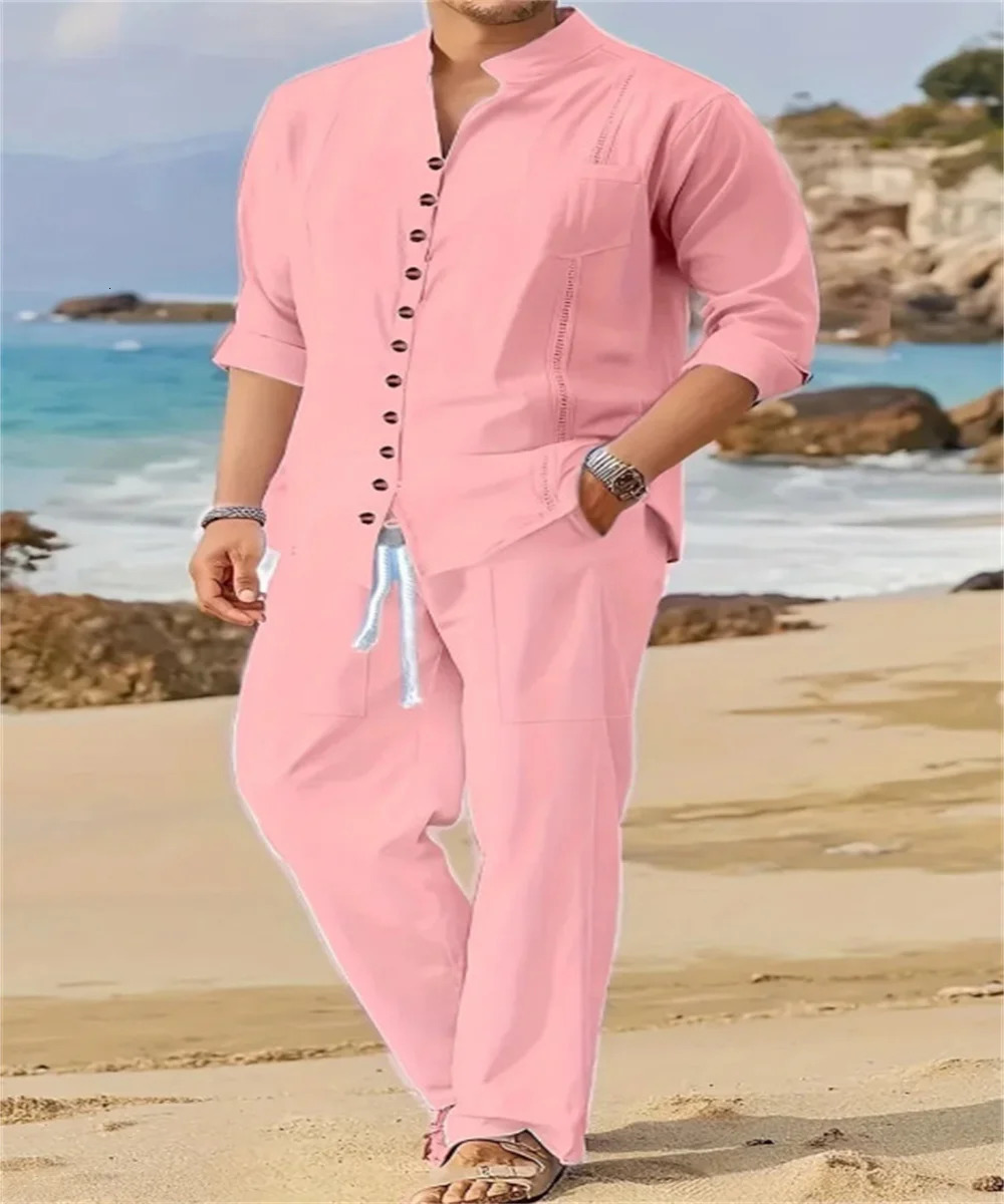 2025 Spring and autumn Cuban style fashion mens shirt trend casual multi-button stand collar loose long sleeve pants beach suit 250619