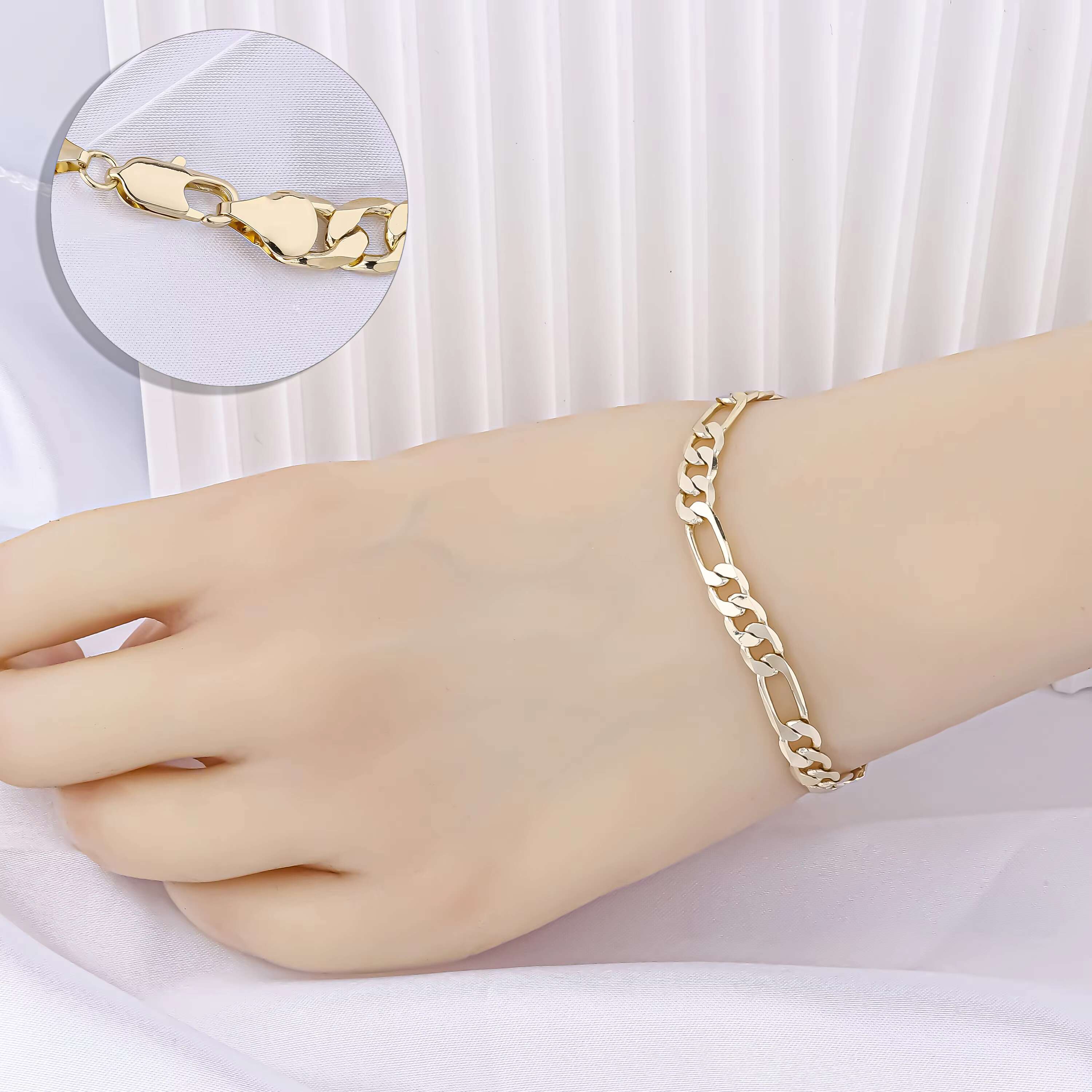 14K Gold Plated Pulseras NK 3-1 Figaro Chain Bracelet Multiple Width Chunky Bracelets Miami Cuban Link Bracelet for Women Men