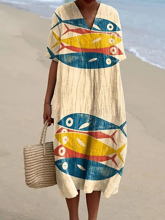 Designer Plus Size Dressindependent Station New Plus Size Women's Shirt Pocket Short Sleeve Dress Ocean Element Fish Vacation Style Dress