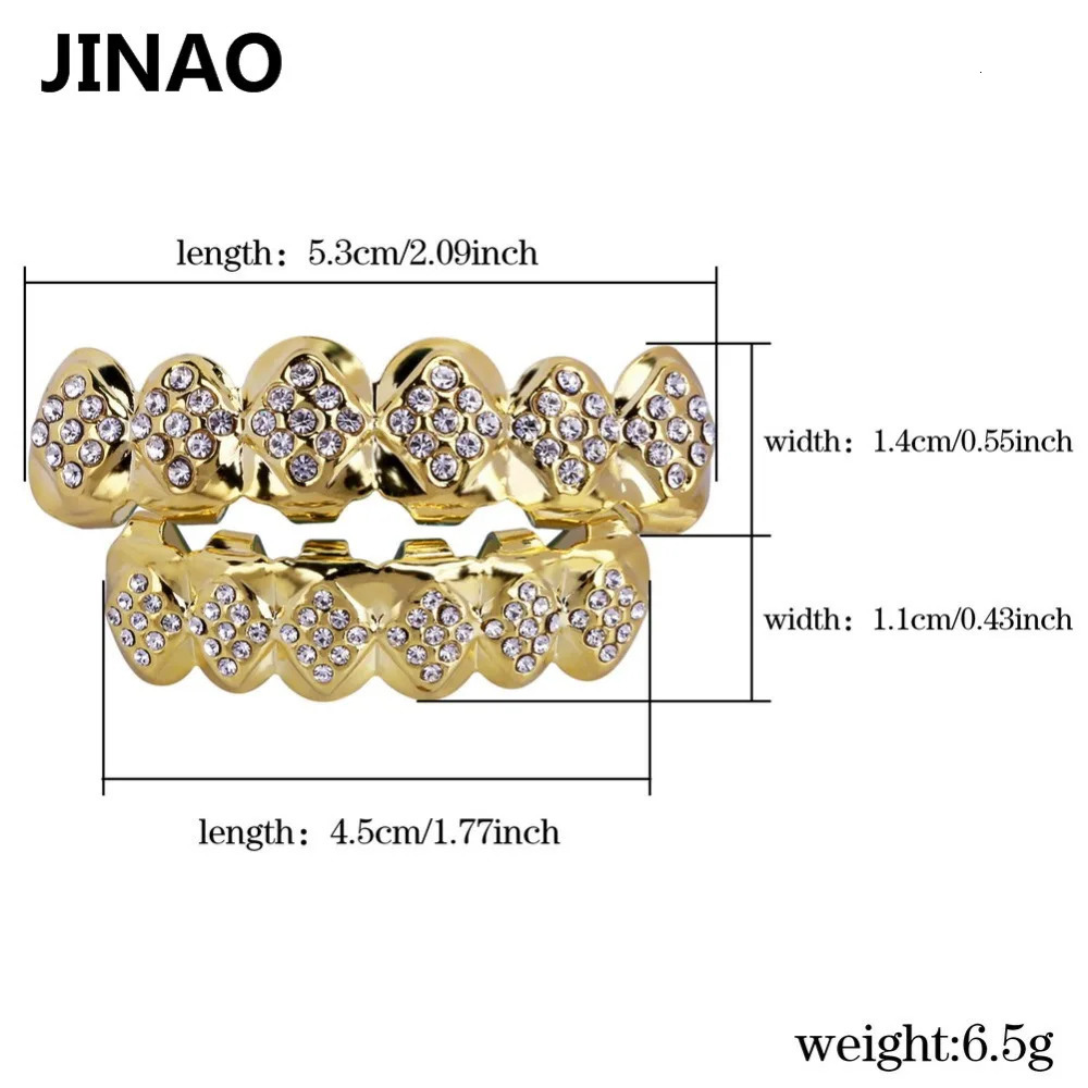 JINAO Fit Gold Color Plated Iced Out Crystal Top Bottom Teeth With Silicone Halloween Christmas Gift 250613