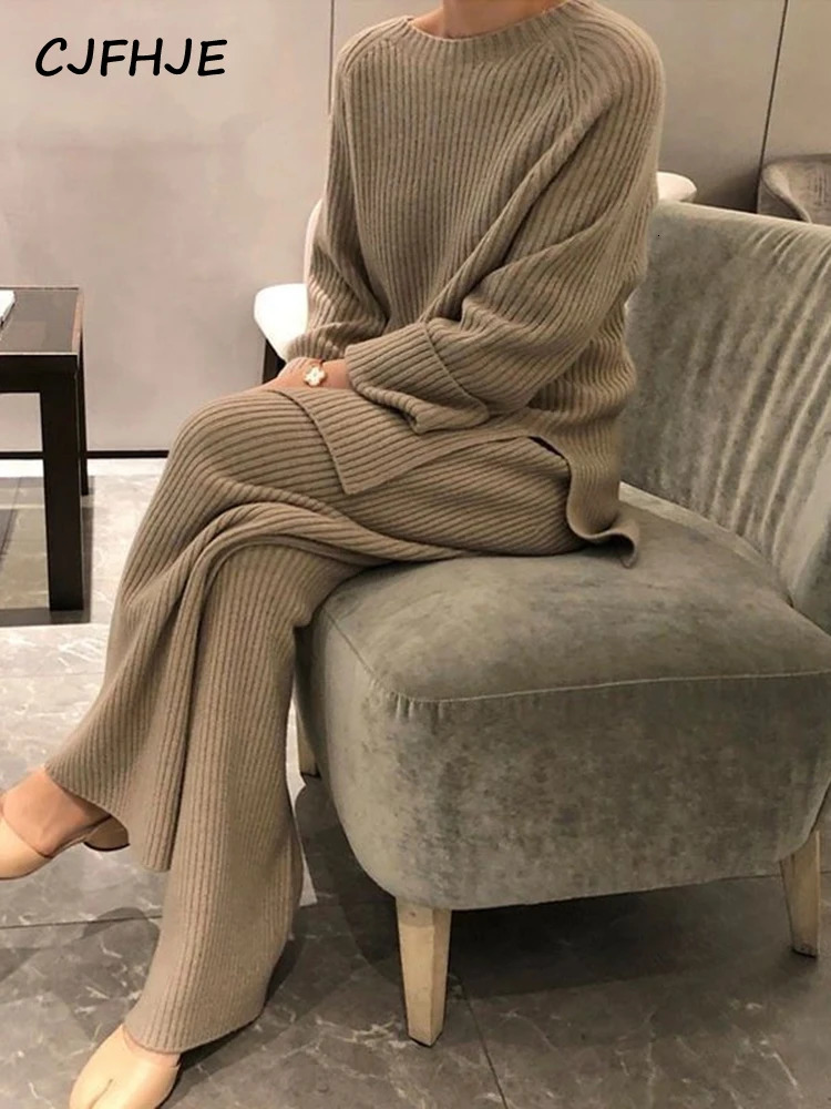 CJFHJE Knitted Sweater Suit Women Elegant Solid O-Neck Pullovers Wide Leg Pants Suit Lady Winter Soft 2 Piece Set Homewear 250619