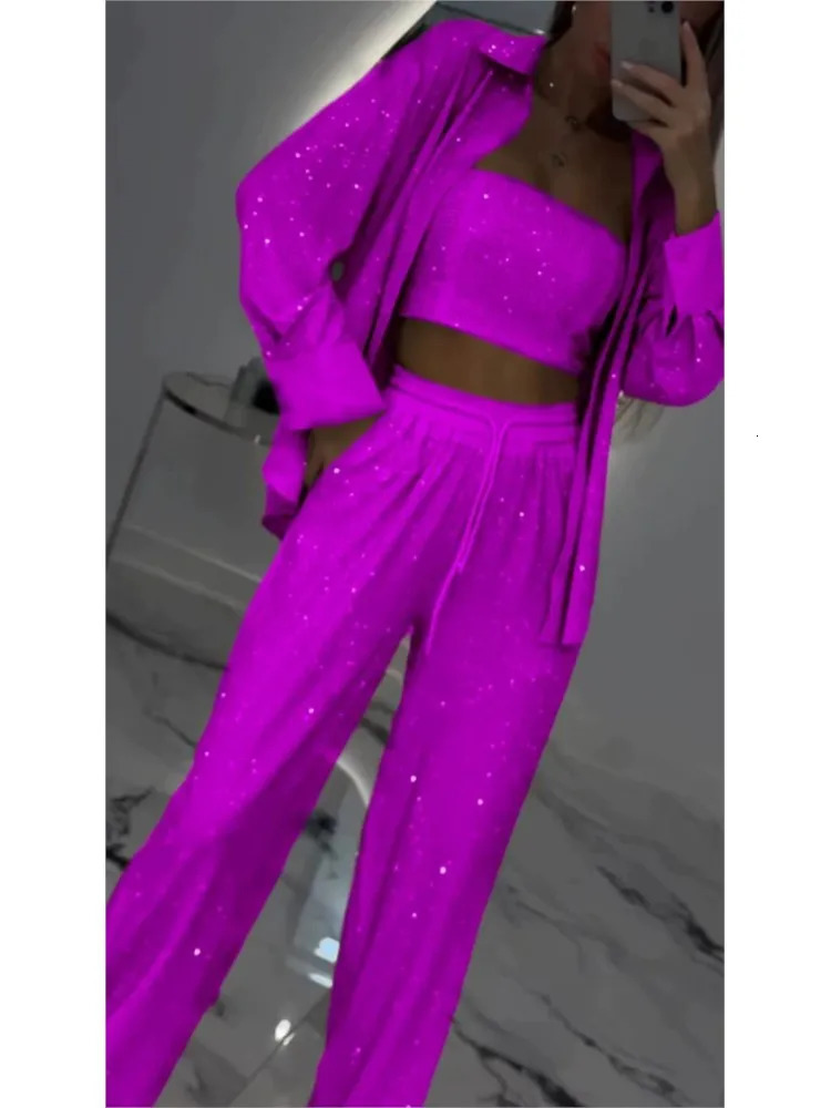 2025 Spring Fashion Sequin Women 3 Piece Sets Elegant Club Party Multi-color Outfit Casual Lapel Shirt Wide Leg Pant Set 250619