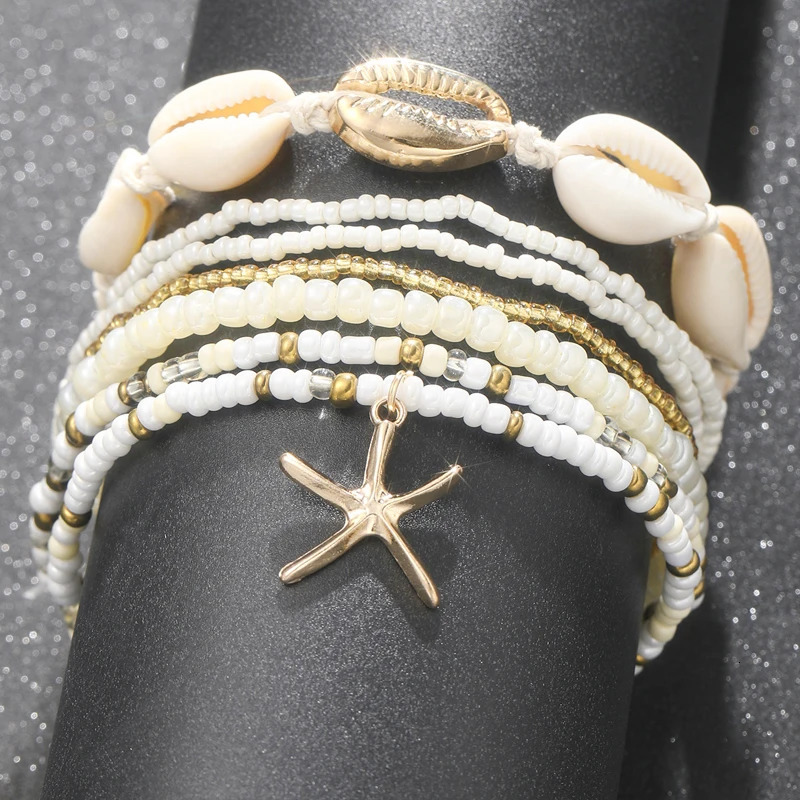 7pcset Bohemian Rice Beads Starfish Pendant Anklet Set Fashion Summer Beach Sea Shell Multilayer Ankle Bracelet On Foot Jewelry 250606