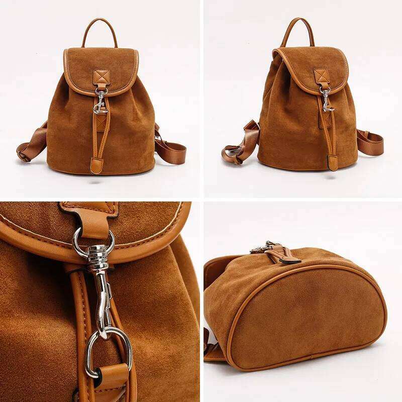 BEAUTODAY Brown Bags Women Flannel PU Solid Color Metal Buckle Retro Style Trend 2023 Versatile Ladies Backpacks 63009