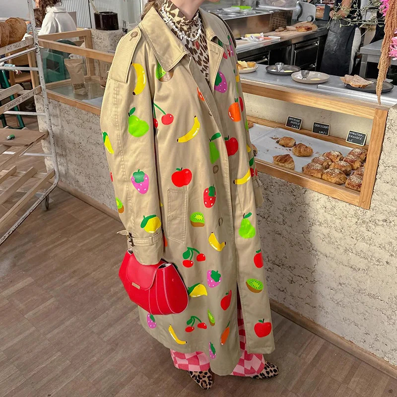 Autumn Winter Long Jacket Fruit Print Long Sleeve Trench Coat Niche Button Warm Overcoat High Street Lady Outerwear 250619