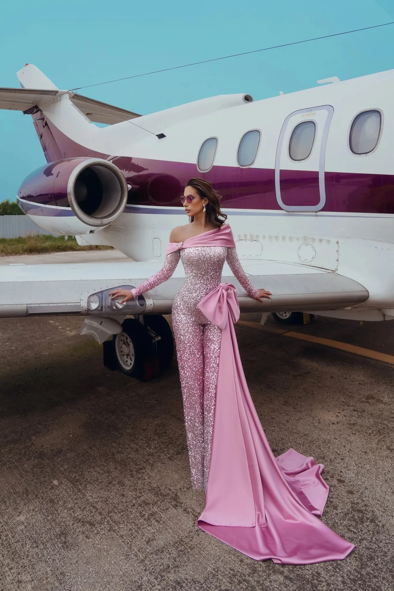 Elegant One Shoulder Prom Dresses Sequined Jumpsuits Evening Dress Long Sleeve Bow Tie Celebrity Party Gown Custom Made