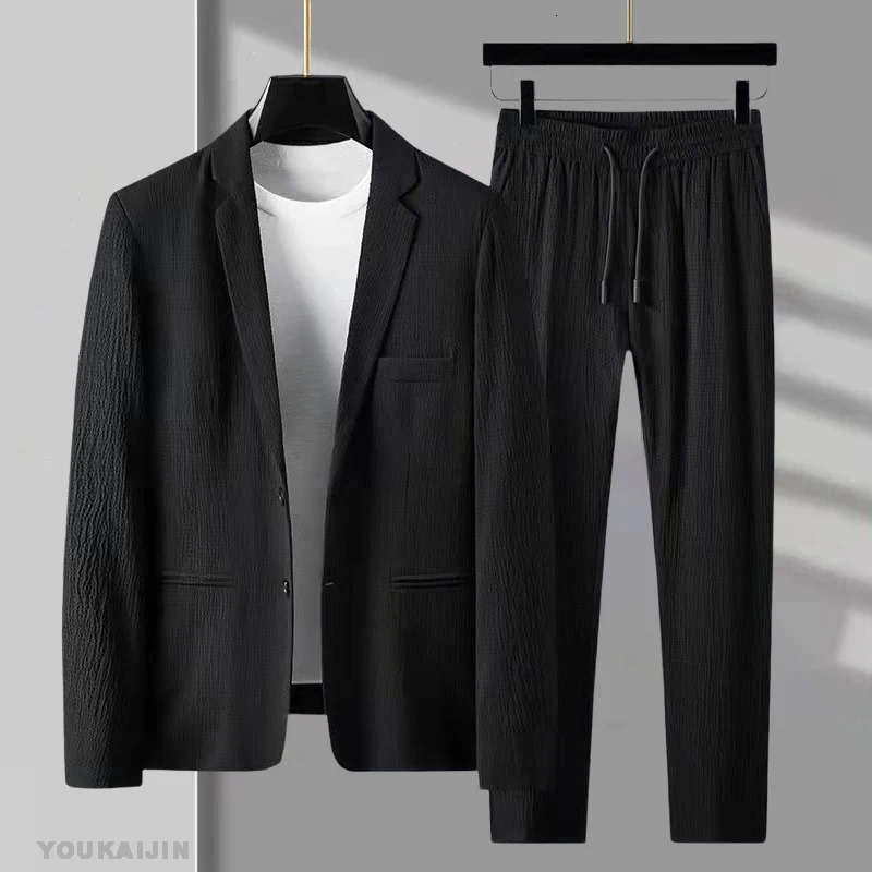 Spring Autumn Korean White Pleated Sets Men Fashion Casual Solid Long Sleeve Blazer and Trousers Two-piece Men Suits Trends Tops 250619