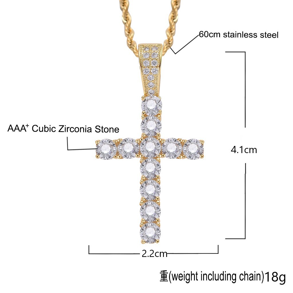 Gold Plated Cross Pendant Necklace for Men and Women - Stainless Steel, 4MM CZ Stone, Hip Hop Chain Necklace