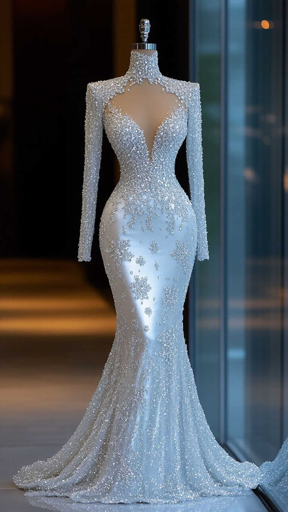 Elegant Mermaid Wedding Dress Beaded Sequins High Neck Long Sleeve Bride Gowns Sheath Floor Length Bridal Dresses Customized