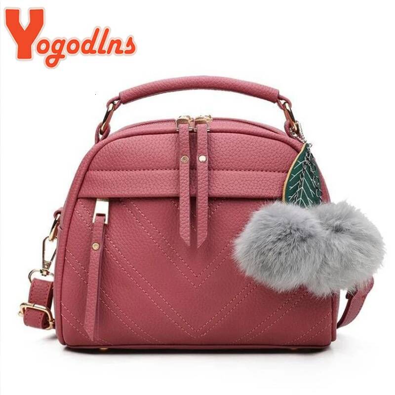 DHGM Yogodlns Embroidery thread Handbag Female PU Leather Shoulder Hair Ball Crossbody Trendy New Square Bag Purse sac