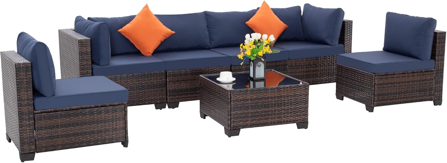 7 Pieces Patio Furniture Set Modular Patio Set Wicker Outdoor Sectional Sofa Set PE Rattan Wicker Patio Conversation Set with Thickened Cushions and C