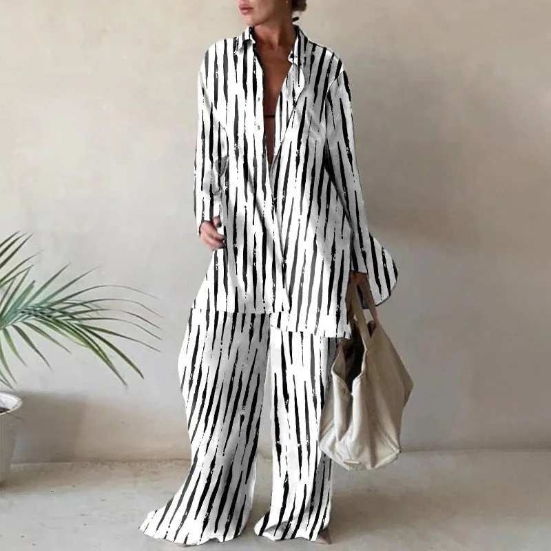 Spring And Summer Womens Suit Fashion Printed Casual Long-sleeved Shirt Loose Pants And Floor-length Pants Two-piece Set 250619