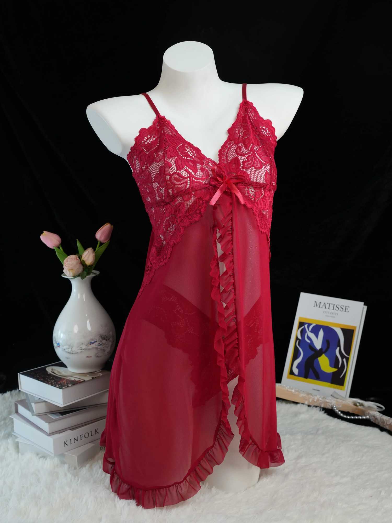 Transparent Red Sexy Lingerie Womens Underwear See Through Sleepwear Lace Nightdress And Panty Pajama Sets Female Sexy Nighty W250620