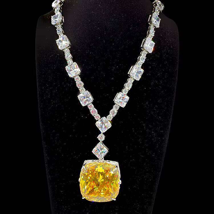 Simulated Dia Super Big Gemstone Sterling Sier Party Yellow Square Zircon Pendant Necklace