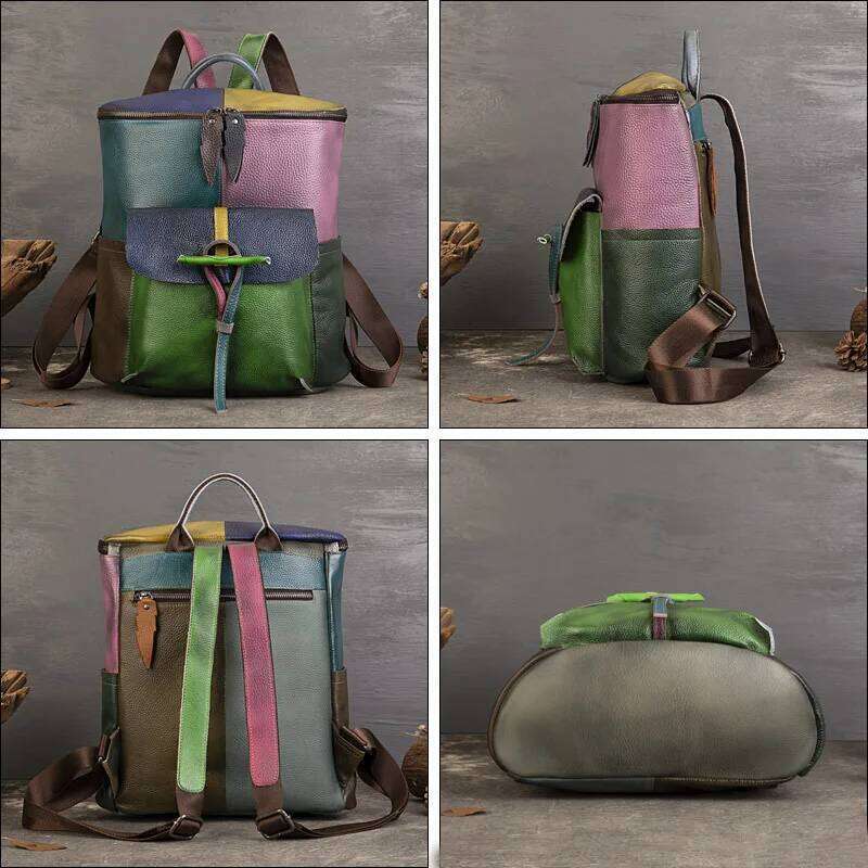 Patchwork Genuine Backpack Woman Real Cow Leather Shoulder Bags Fashion Ladies Cowhide Travel Tote Bag